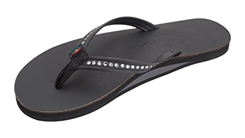Rainbow Sandals Women's Single Layer Premier Leather w/Swarovski Crystal Narrow Strap, Classic Black, Ladies Large / 7.5-8.5 B(M) US | Amazon (US)