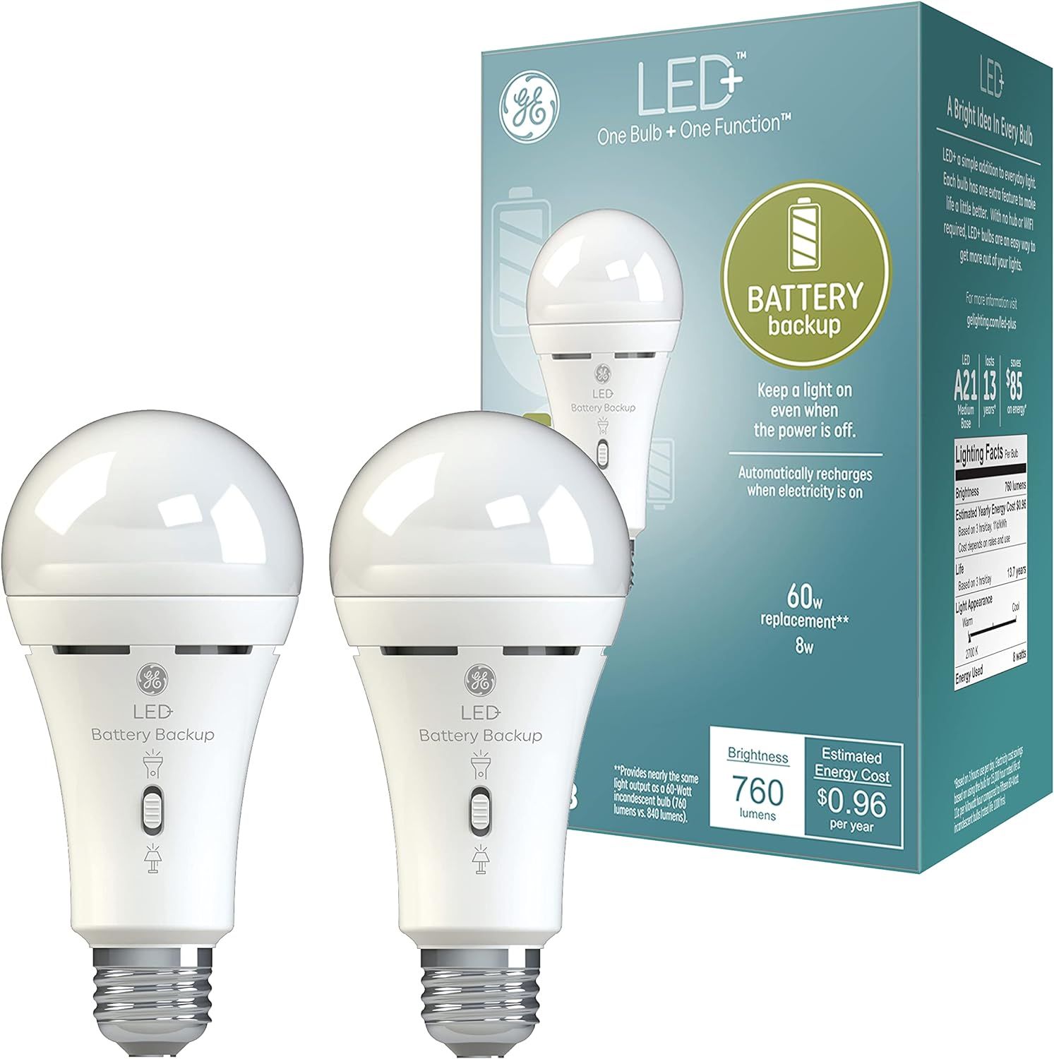 GE LED+ Battery Backup Light Bulb, Emergency Light Bulb for Power Outages, Flashlight Bulb, A21 L... | Amazon (US)