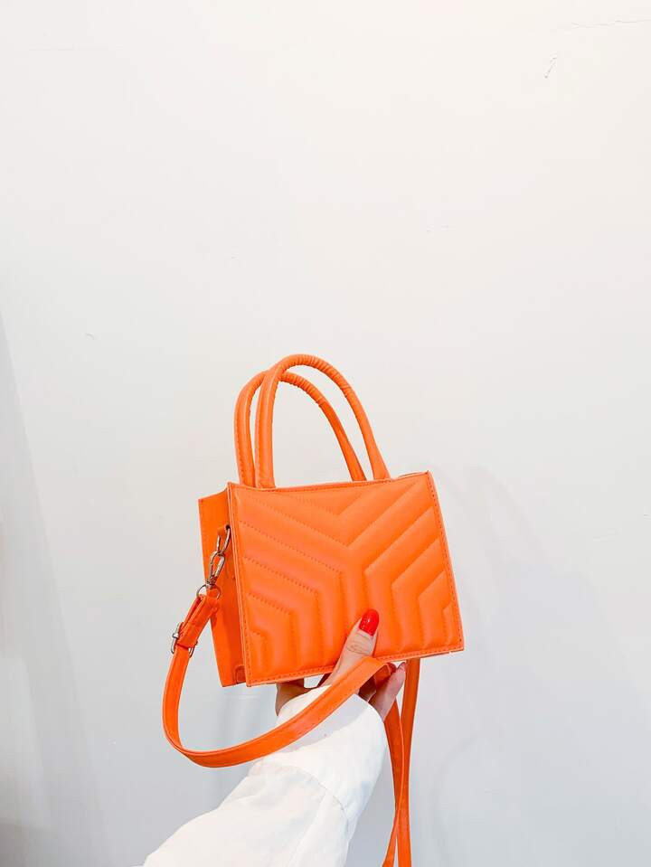 Mini Neon Orange Quilted Detail Double Handle Square Bag | SHEIN