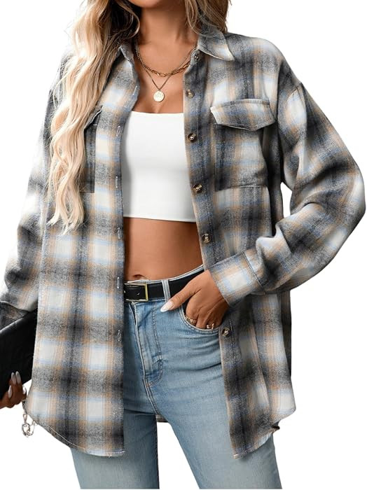 Women's Oversized Flannel Shirts Long Sleeve Button Down Plaid Shirt Business Casual Work Blouse ... | Amazon (US)