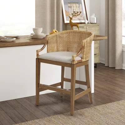 Handcrafted Rattan Counter Stool with Fixed Cushioned Seat and Antique Bronze Kick Plate, Ideal for Modern Kitchens and Dining Spaces. | Wayfair North America