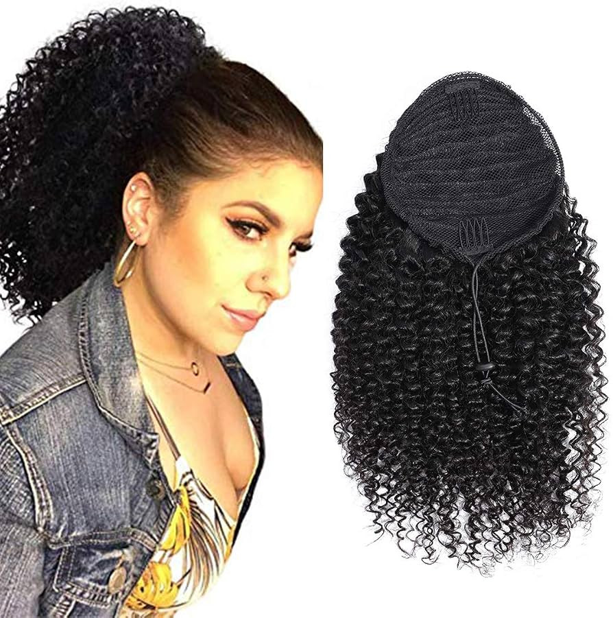 Curly Human Hair Ponytail with Wrap Drawstring 1 Piece, 3C Brazilian Hair Natural Color Afro Kink... | Amazon (US)