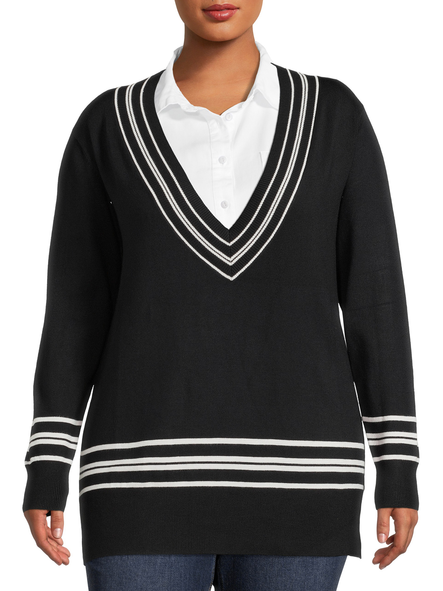 Attitude Unknown Women's Plus Size Oversized V-Neck Varsity Sweater | Walmart (US)