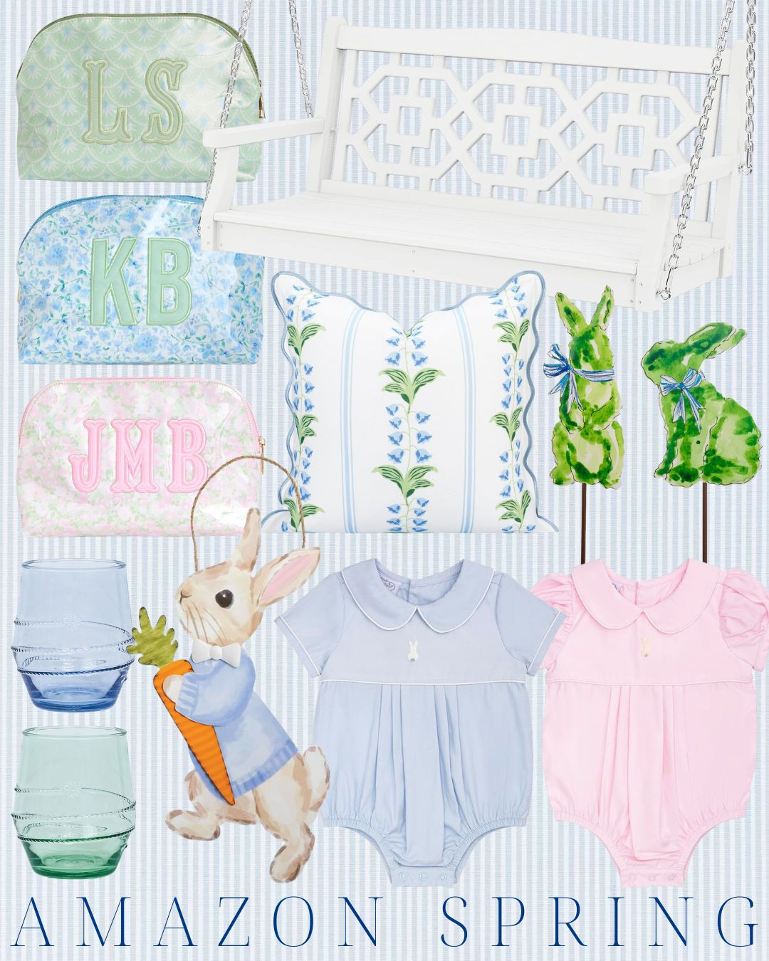 Spring and easter decor and style! Baby bubble, bunny doorhanger, porch swing, spring porch pillow, personalized cosmetics bag 

 #LTKSeasonal #LTKHome #LTKKids