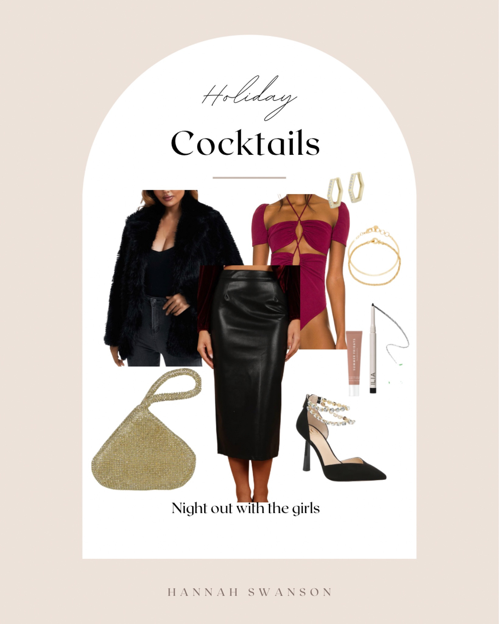 Holiday cocktail outfit. Christmas outfit.  Faux leather skirt. Faux fur coat. Black fur coat. Black leather skirt. Bodysuit. Gold jewelry. Gold handbag. Black heel.

#LTKstyletip #LTKHoliday #LTKunder50