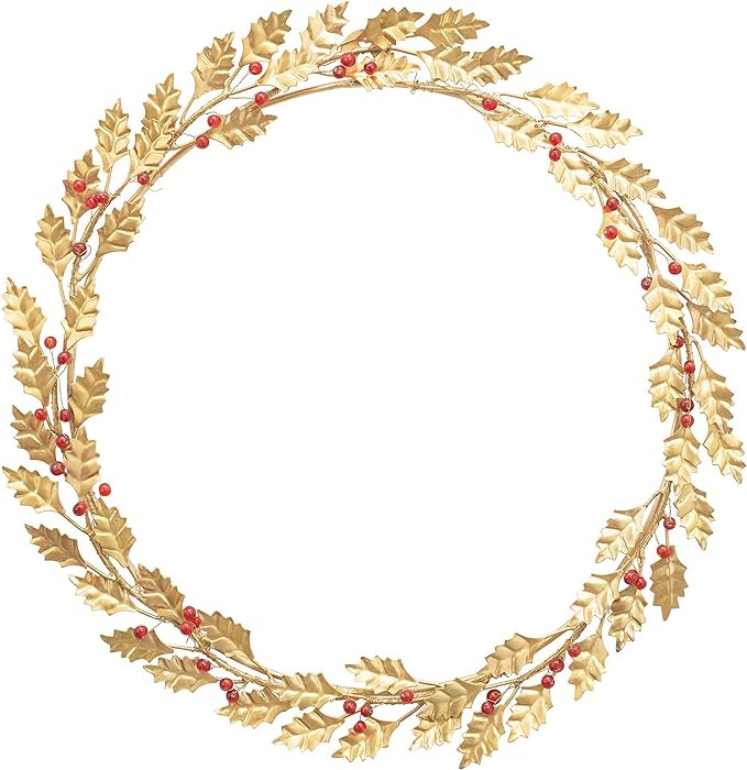 Creative Co-Op 19" Round Metal & Glass Bead Wreath w/Leaves & Berries, Antique Brass Finish Wall ... | Amazon (US)
