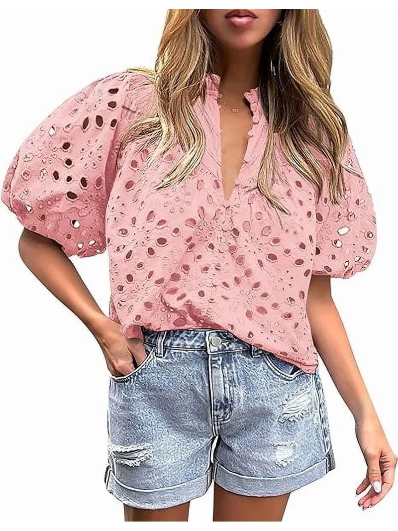 PRETTYGARDEN Women's Summer Tops Dressy Casual Short Lantern Sleeve V Neck Buttons Hollow Out Lac... | Walmart (US)