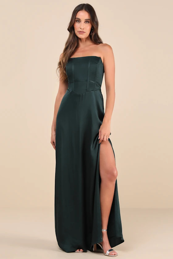 Extraordinary Presence Dark Green Satin Strapless Maxi Dress | Lulus