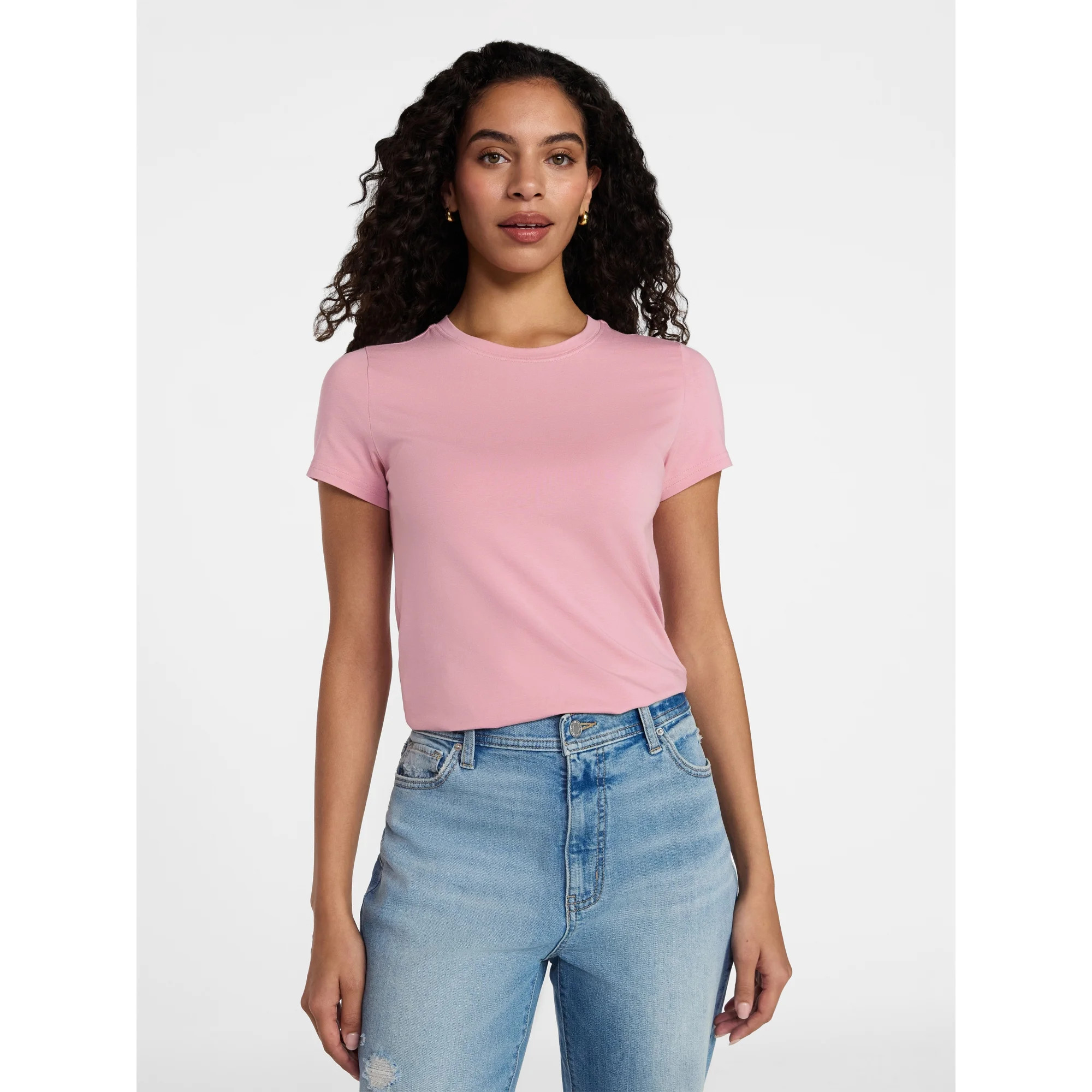 Time and Tru Women's Slim Fit Crewneck Tee with Short Sleeves, Sizes XS-XXXL | Walmart (US)