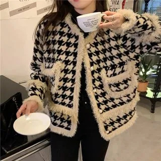 Fringed Trim Houndstooth Jacket Black - One Size | YesStyle Global