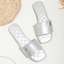 Womens AntiSlip Solid Color Square Toe Flat Slides Sandals Elegant Silver Flat Sandals For Summer | SHEIN