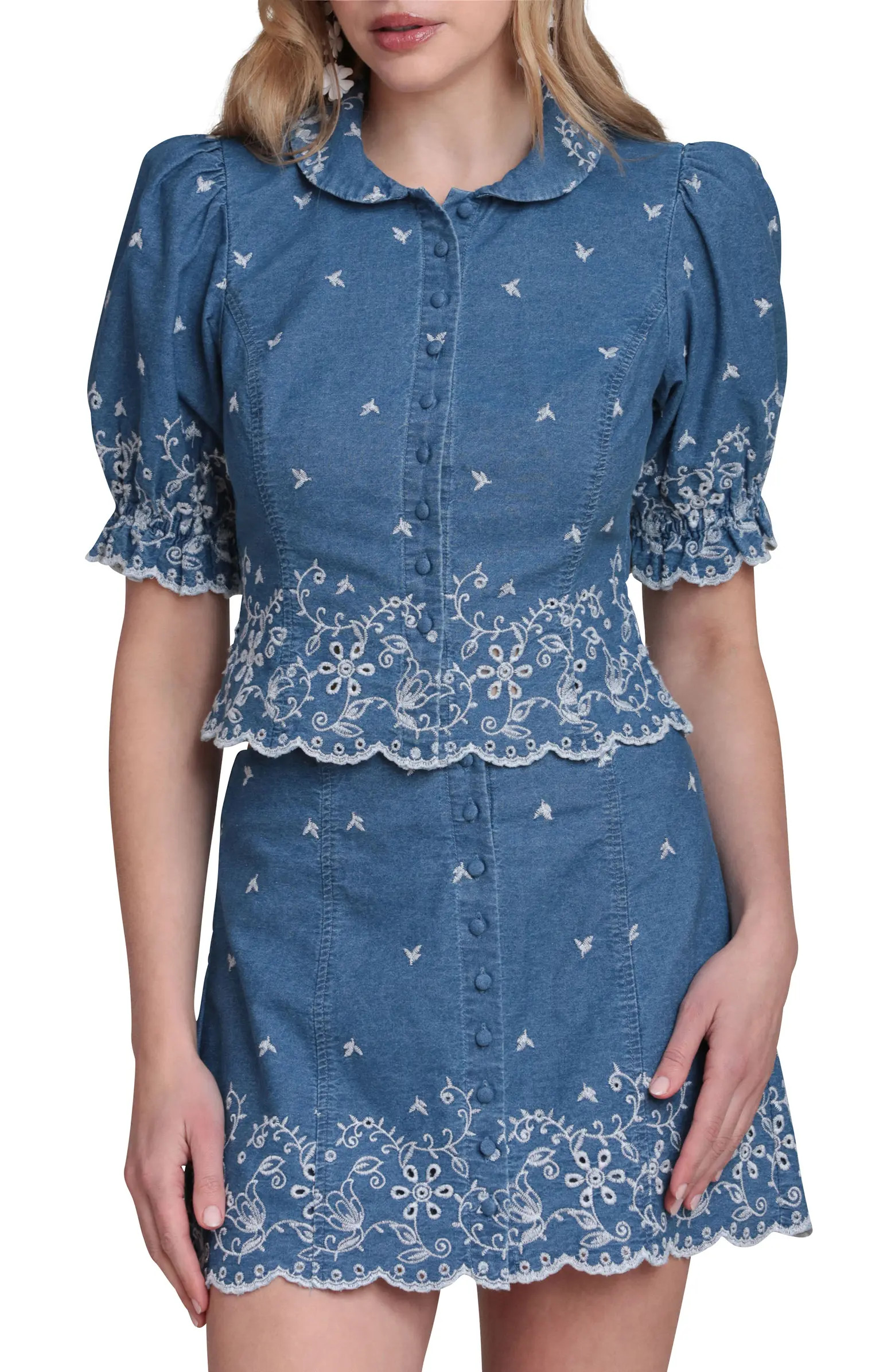 Embroidered Puff Sleeve Scallop Crop Chambray Shirt | Nordstrom