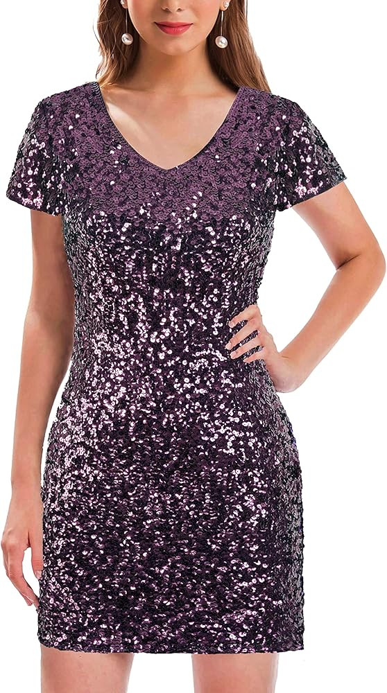 MANER Women's Sequin Glitter Short Sleeve Dress Sexy V Neck Mini Party Club Bodycon Dresses | Amazon (US)