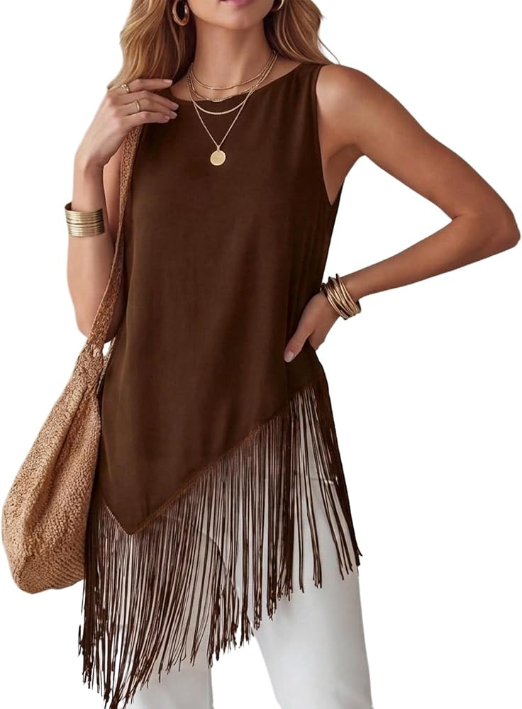 MakeMeChic Womens Fringe Hem Sleeveless Crew Neck Tank Top | Amazon (US)