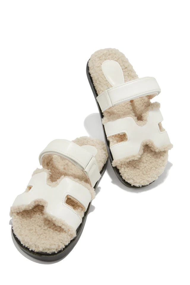 Miss Lola | Bailey Chestnut Faux Sherpa Slip On Sandals | MISS LOLA