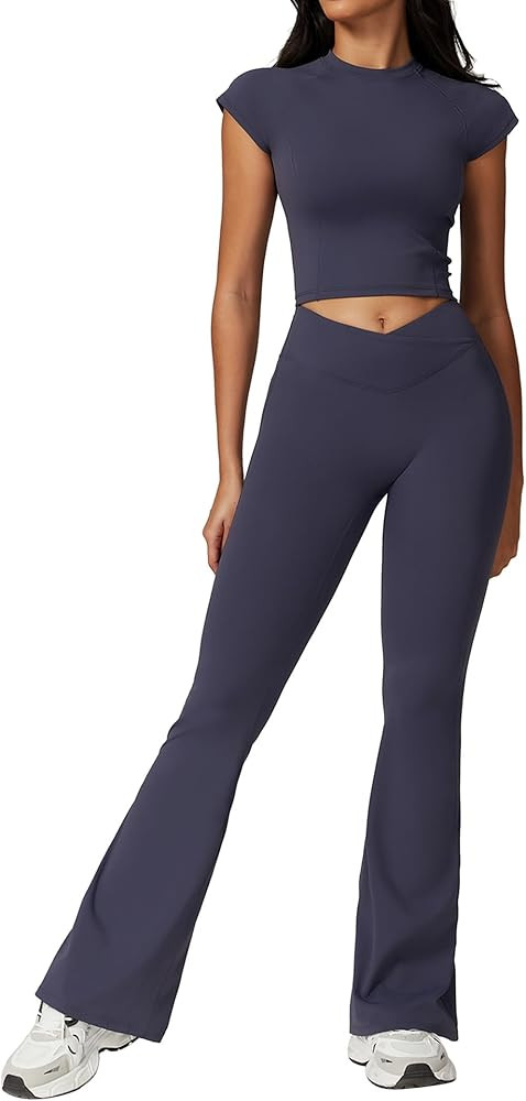 ABOCIW Workout Sets for Women Cap Sleeve Athletic Shirts Workout Crop Top Crossover High Waist Fl... | Amazon (US)