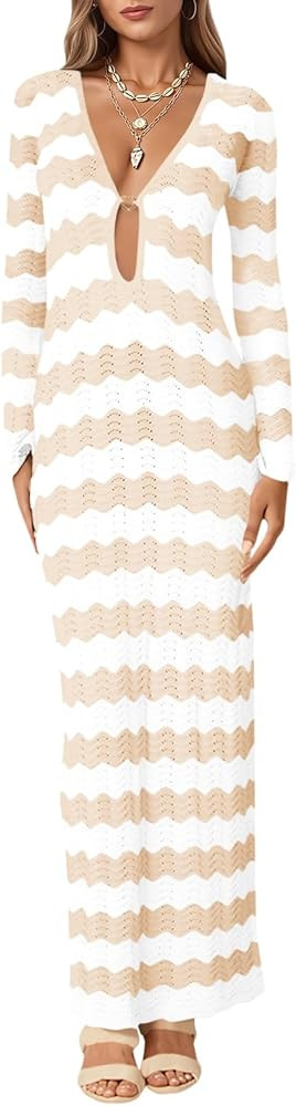Saodimallsu Womens Crochet Summer Maxi Dress Striped Sexy Cut Out V Neck Long Sleeve Knit Cover U... | Amazon (US)
