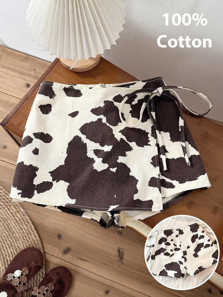 Comfortcana Women's Cow Print Wrap Tie Casual Summer Spring Beach Going Out Casual Vacation Leopard Print Chic Skort With Side Tie And A-Line Design | SHEIN