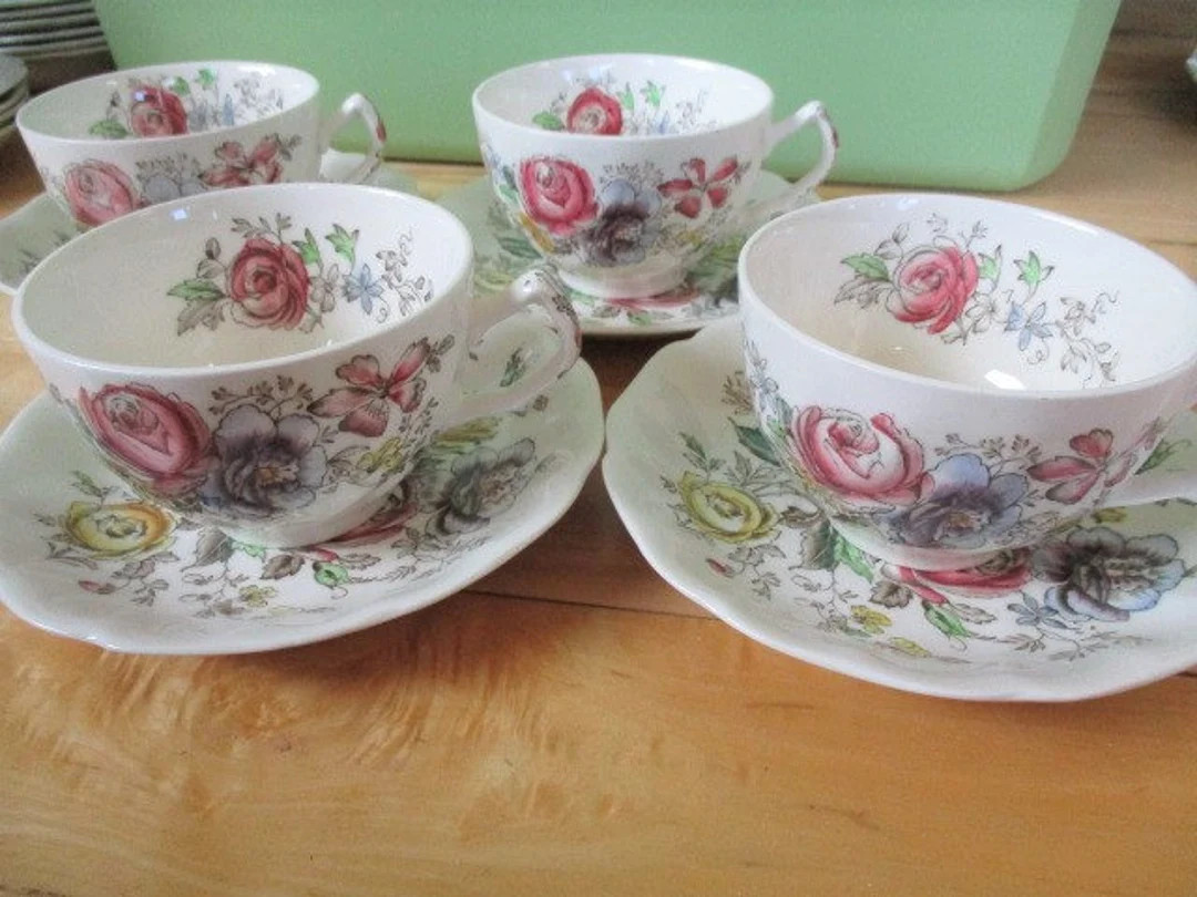 Johnson Brothers Sheraton Teacup/Saucer, 4 sets included,  Multi color good w/ crazing, Transferw... | Etsy (US)