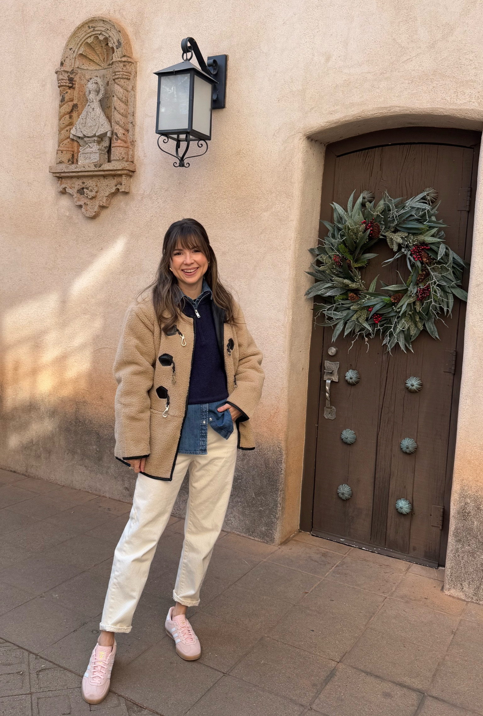Todays cozy ootd to walk around down town! 

Coat small
Zip sweater s/m
Denim shirt xs 
Jeans 25 
Pink adidas 5


#LTKSeasonal #LTKWatchNow