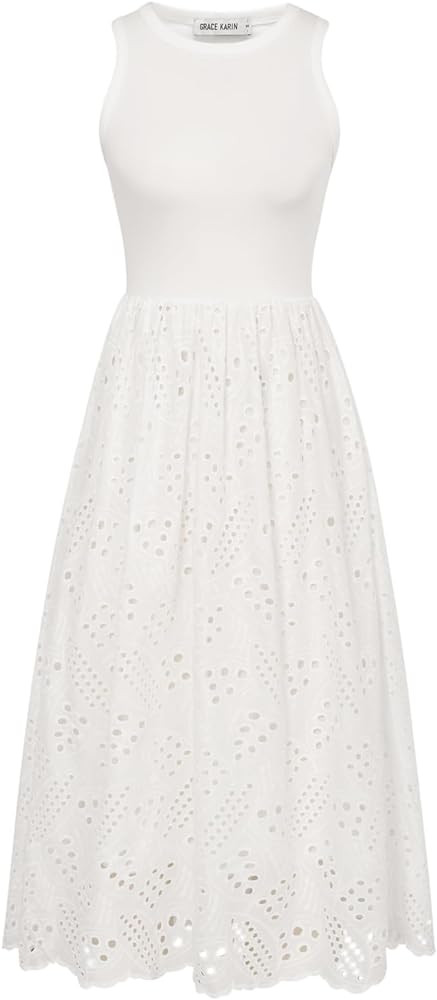 GRACE KARIN Women's Summer Sleeveless Tank Dress A Line Midi Dress Eyelet Crewneck Casual Holiday... | Amazon (US)
