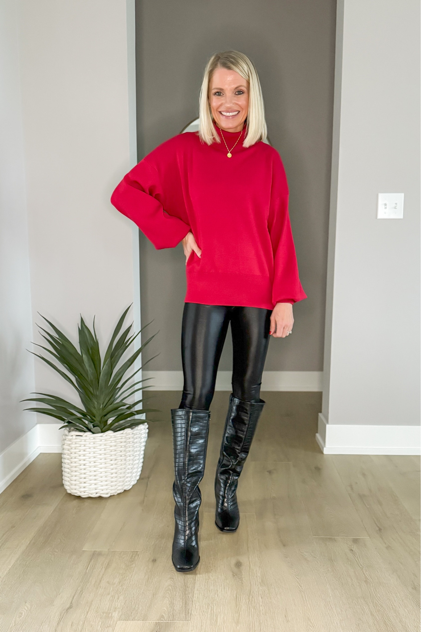 Red sweater with leggings and tall boots is the perfect comfy, but stylish holiday outfit! 

#LTKSaleAlert #LTKShoeCrush #LTKHoliday
