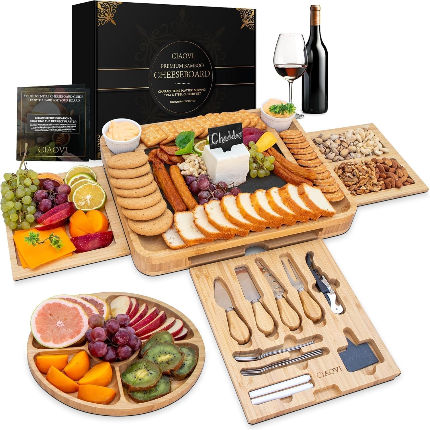 Charcuterie Boards Gift Set - Large Bamboo Cheese Board & Knife Set - Cheese Platter Charcuterie ... | Amazon (US)