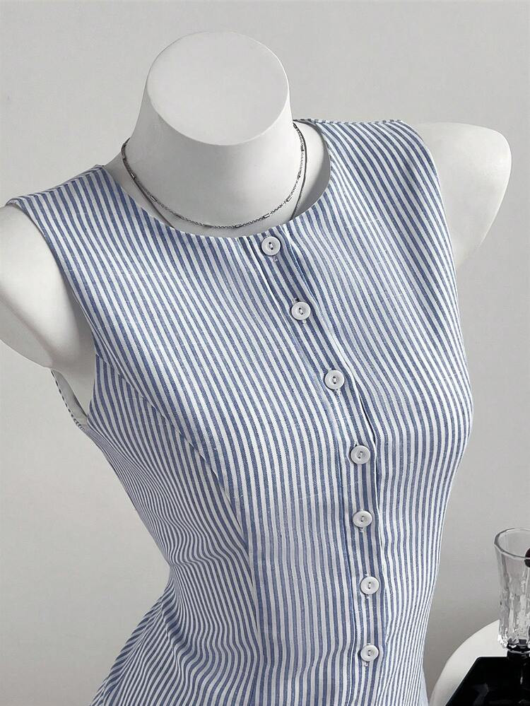 Elamini Women's Blue Striped Sleeveless Waist Cinched Mini Dress, Casual Versatile, Suitable For Beach Vacation | SHEIN