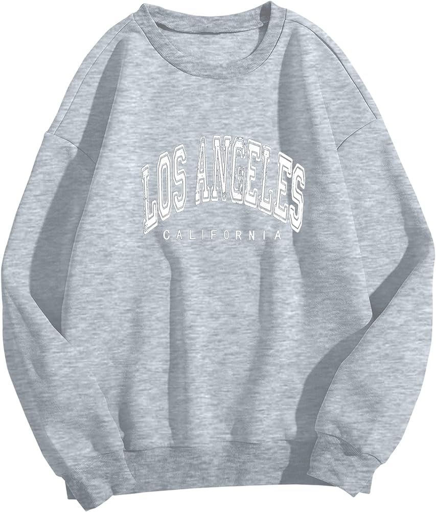 Meladyan Women Vintage Los Angeles Letter Print Fleece Crewneck Sweatshirt Oversized Long Sleeve ... | Amazon (US)