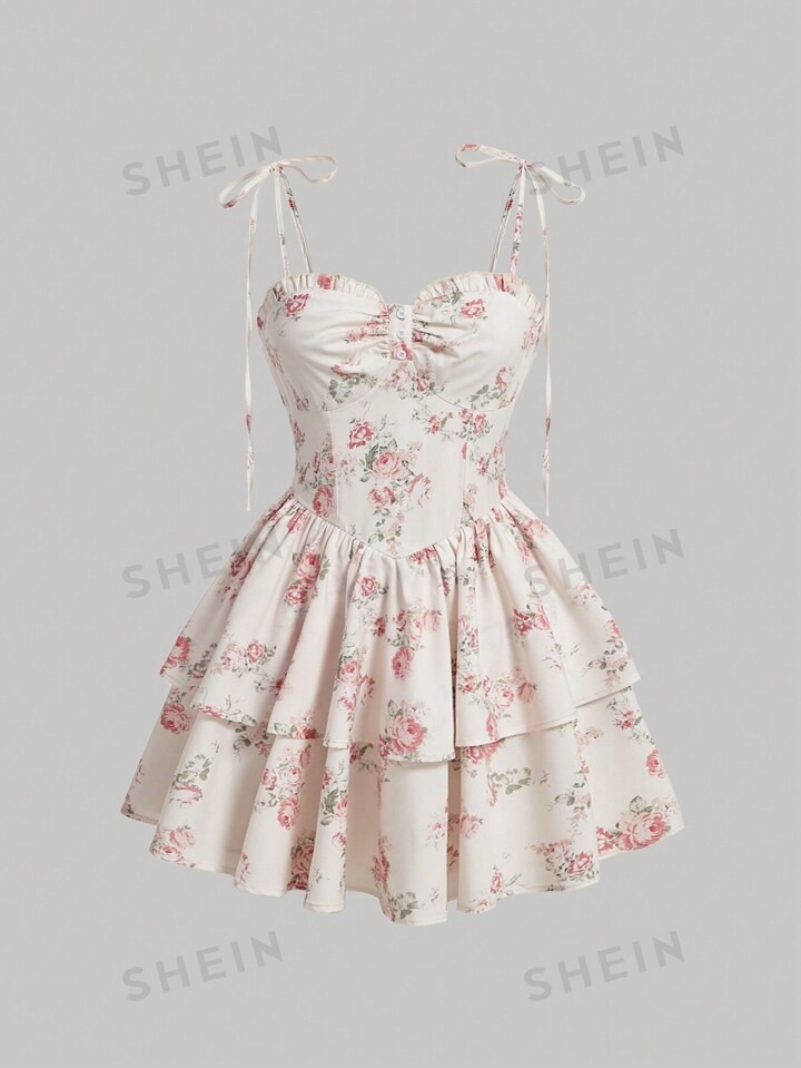 SHEIN MOD Floral Printed Double Layer Ruffles Hem Pink Cami Dress | SHEIN