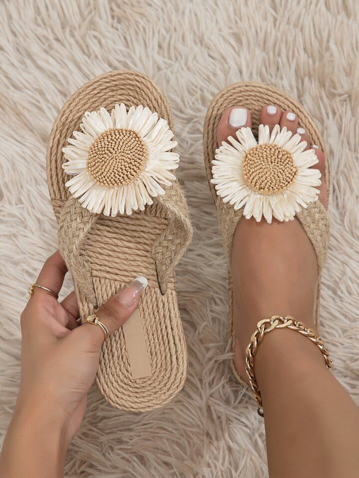 Vacation Khaki Slippers For Women, Linen Flower Decor Flip Flops | SHEIN