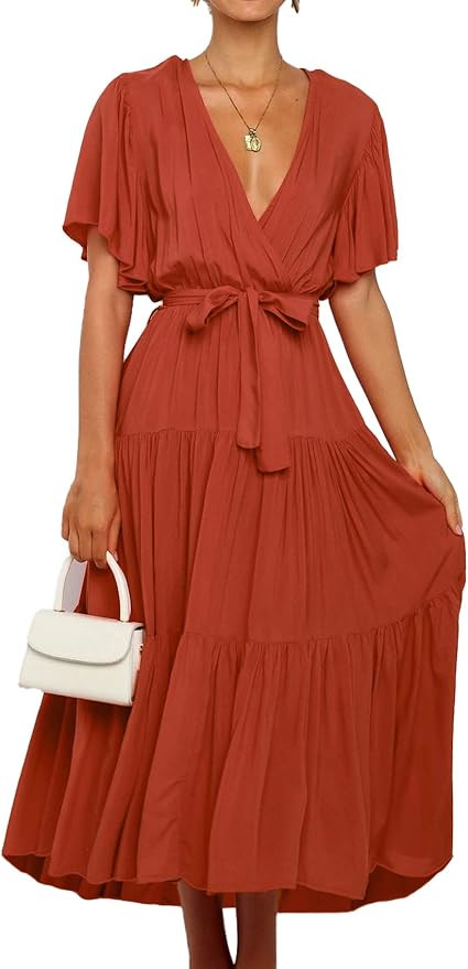 SHIBEVER Women's Maxi Dress Summer V Neck Tie Waist Chiffon Ruffle Dress Long Beach Wrap Dresses ... | Amazon (US)