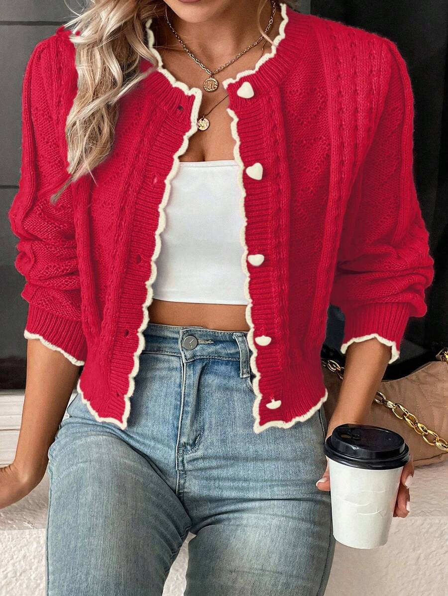 SHEIN Franclia Women's Heart Button Design Long Sleeve Casual Loose Cardigan For Autumn/Winter | SHEIN