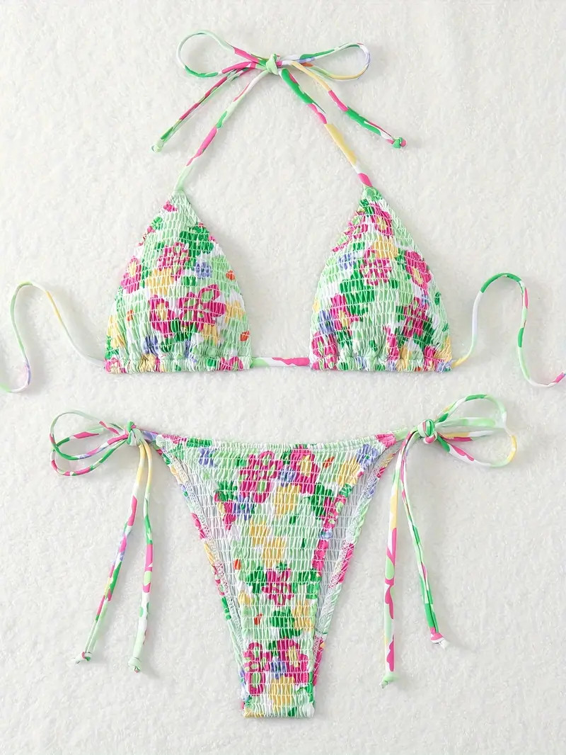 Floral Pattern Smocked Bikini Halter V Neck Tie Back - Temu | Temu Affiliate Program