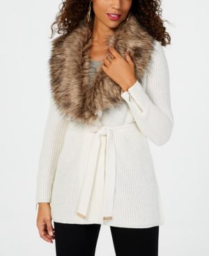 Thalia Sodi Faux-Fur-Trimmed Wrap Cardigan, Created for Macy's | Macys (US)