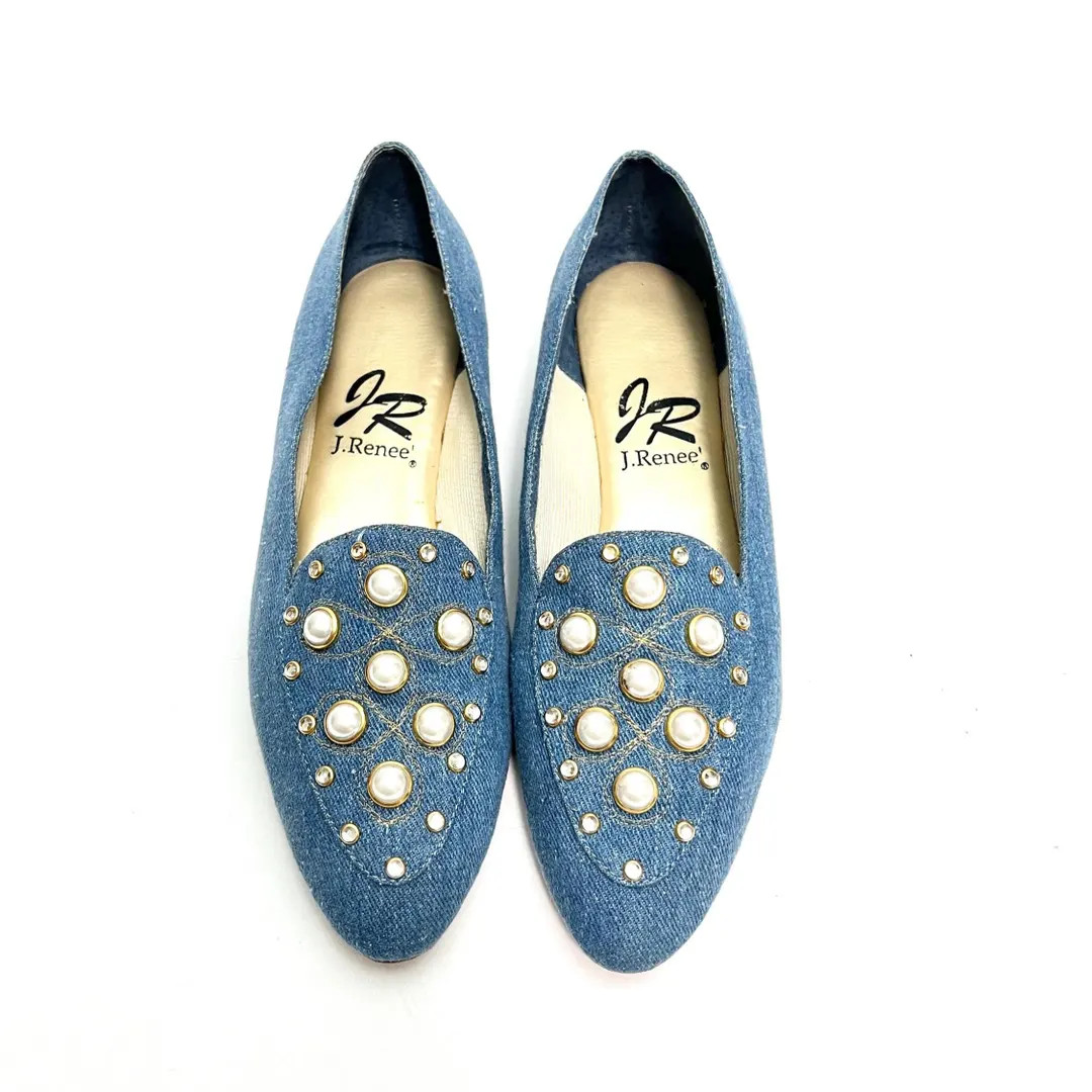 Vintage 1990s Embellished Loafers // Blue Denim Canvas Slip on Casual Flats by J.renee Size 8 - E... | Etsy (US)