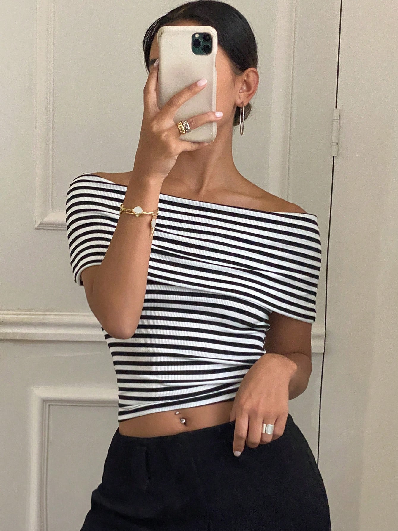 DAZY Summer Striped Off Shoulder Slim Fit Short Sleeve Women's T-Shirt | SHEIN