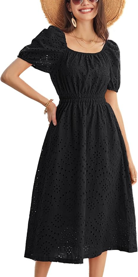 GRACE KARIN 2025 Women's Eyelet Dresses Summer Square Neck Short Puff Sleeve Casual A Line Boho M... | Amazon (US)