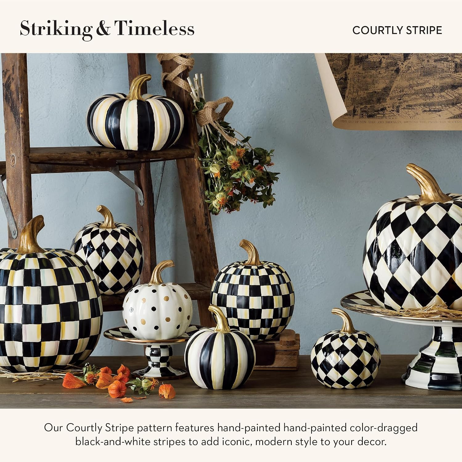 MACKENZIE-CHILDS Mini Pumpkin, Resin Halloween Home Decor, Black-and-White Courtly Stripe | Amazon (US)