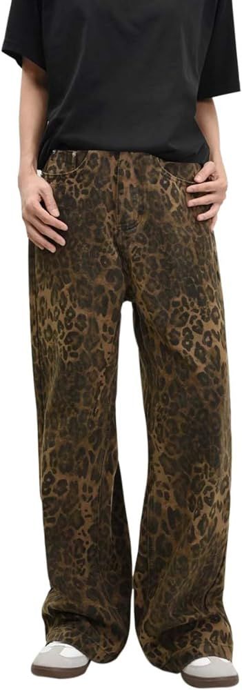 LisoMuik Women's Fashion Leopard Jeans Vintage Casual Grunge Pants Streetwear Straight Leg Pants ... | Amazon (CA)