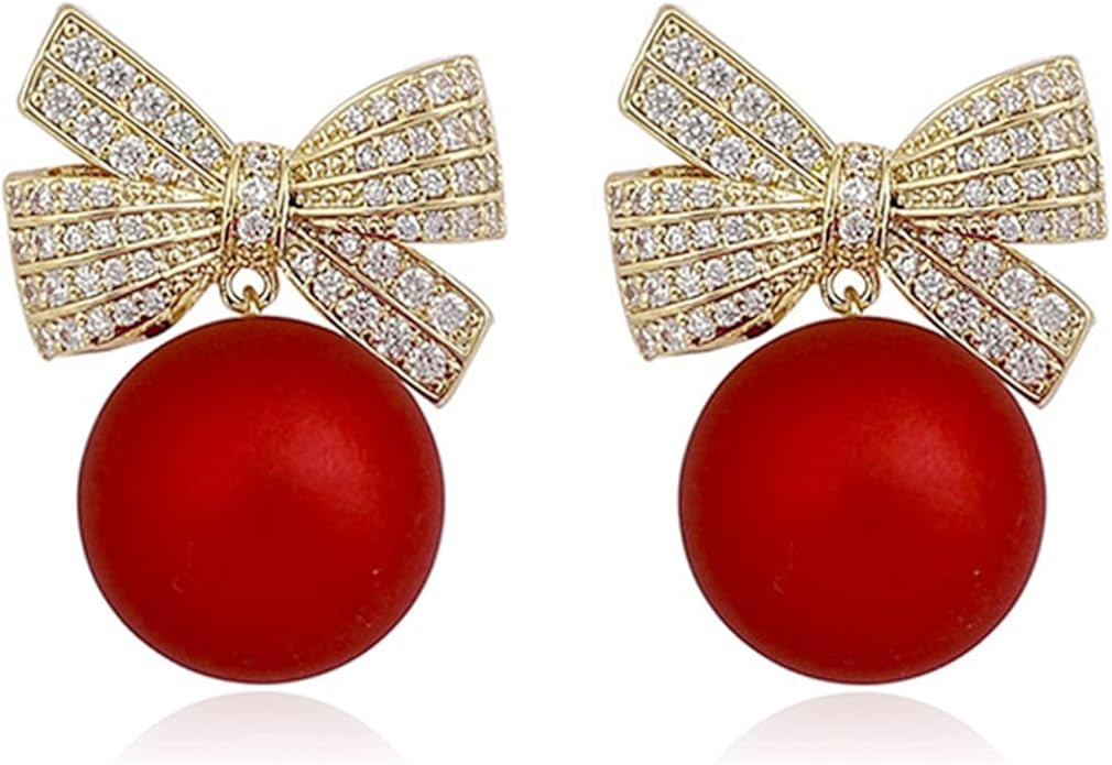 Bow Earrings for Women Christmas Red Earrings New Year Earrings for Girls Gold Bow Rhinestones Ea... | Amazon (US)