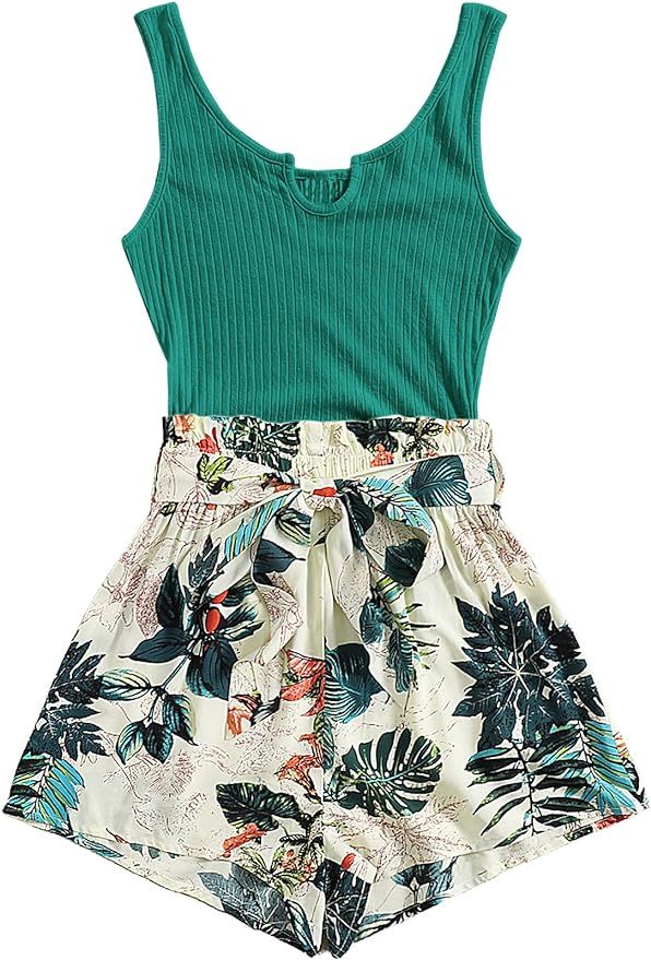 SHENHE Women's Sleeveless Tank Romper Jumpsuits Notched Neck Belted Tropical Print Summer Shorts ... | Amazon (US)