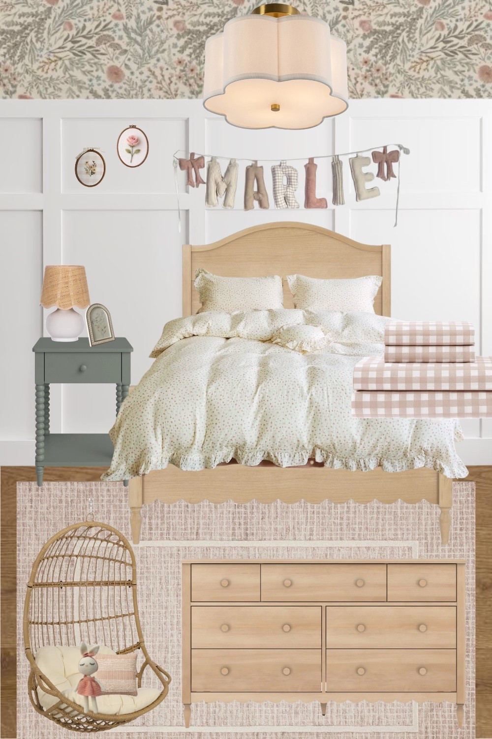 This is one of those rooms that feels soft and cozy the second you look at it, but still has enough depth to feel collected and not overly styled.

I’ve been really drawn to these muted pinks paired with warm wood and a touch of sage lately. It keeps everything feeling calm and timeless, while still giving you that sweet, classic girls room feel. The mix of florals, gingham, and subtle texture is what really brings it to life and makes it feel layered instead of flat.

These are all pieces that could easily grow with her too, which I know so many of you are always looking for when it comes to kids spaces.

Everything is linked here if you want to start pulling together a similar look in your own home.

#LTKHome #LTKKids