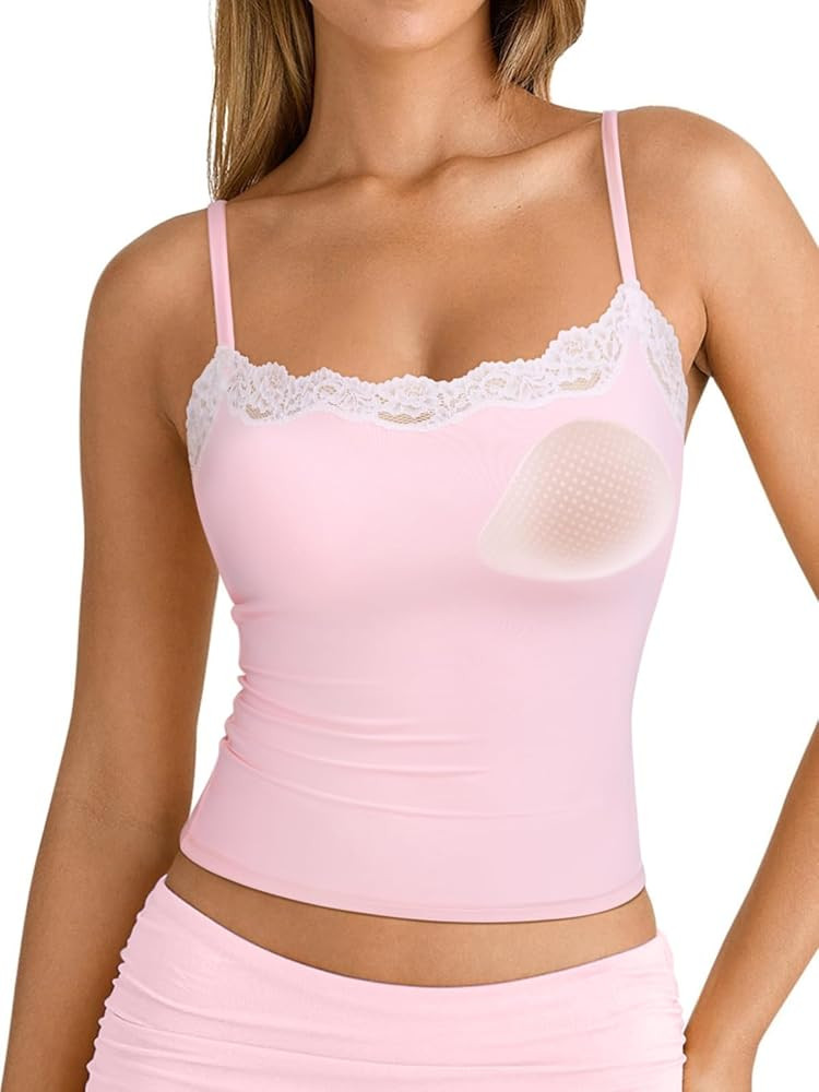 SUUKSESS Women Double Lined Lace Cami Tank Top Summer Padded Going Out Tops Basic Shirts | Amazon (US)
