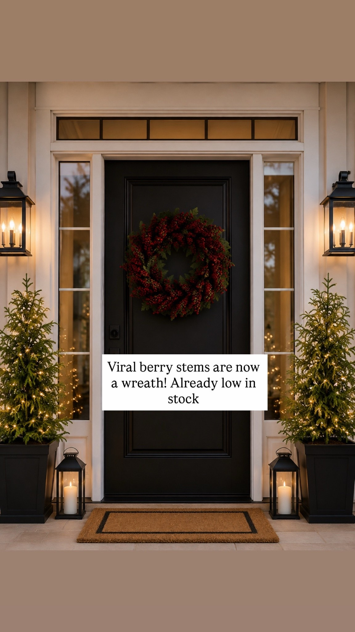 Holiday porch decor ❤️🎄 This red berry wreath is such a beautiful way to add a little traditional Christmas charm to your front door. I paired it with simple evergreen trees in planters and warm lights for a cozy, welcoming look. ✨