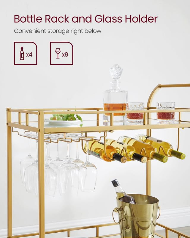 VASAGLE Bar Cart Gold, Home Bar Serving Cart, Wine Cart with 2 Mirrored Shelves, Wine Holders, Gl... | Amazon (US)