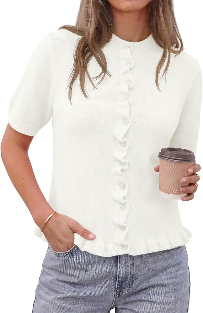 Womens Ruffle Cardigan Puff Short Sleeve Cute Summer Button Down Lightweight Soft Knit Crewneck S... | Amazon (US)