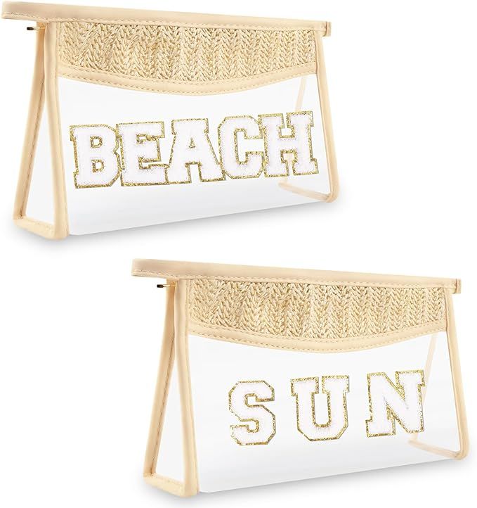 2 Pcs Boho Straw Clear Makeup Letter Bag BEACH Pouch, Sunscreen Bags for Beach Travel Small Cute ... | Amazon (US)