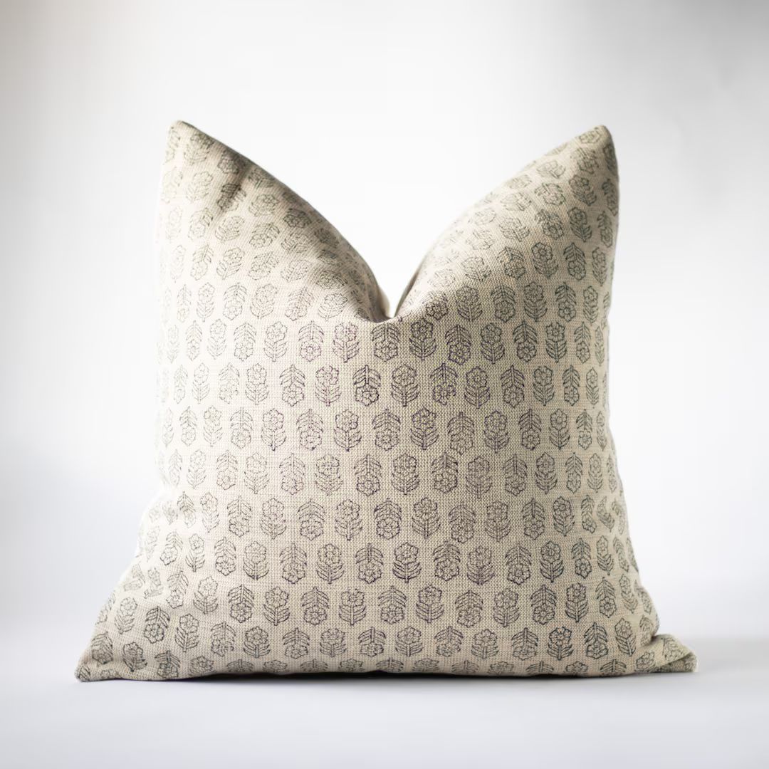 Beige Floral Block Print Pillow Cover, Decorative Pillow, Designer Linen Pillows, Neutral Throw P... | Etsy (US)