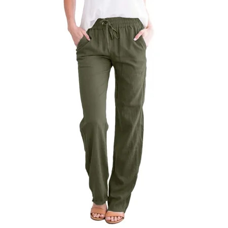 Dokotoo Women s Green Trousers Solid Color Drawstring Elastic Waist Long Pants with Pockets Size Lar | Walmart (US)